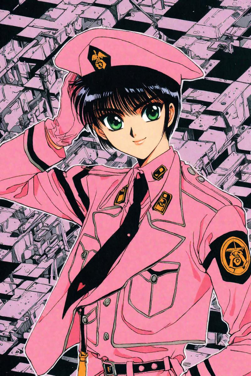 33690-3321336717-Tokyo Babylon,_Hokuto Sumeragi,solo,1girl,hat,uniform,black hair,gloves,green eyes,short hair,necktie,retro artstyle,military,mi.png